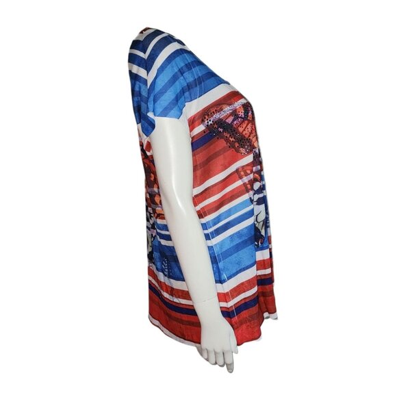 One World Womens 1X Red White Blue American Flag 4th of July Beaded Butterfly - Picture 4 of 7